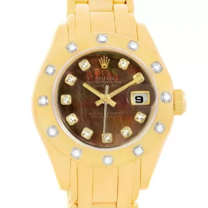 Replica Rolex Pearlmaster Yellow Gold Black MOP Diamond Ladies 69318