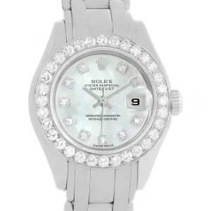 Replica Rolex Pearlmaster 18K White Gold MOP Diamond Dial Bezel 69299