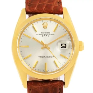 Rolex Date 14K Yellow Gold Brown Strap Vintage Replica 1500