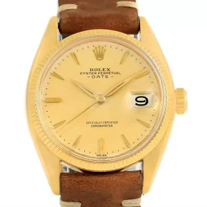 Rolex Date 18K Yellow Gold Brown Strap Vintage Replica 6537