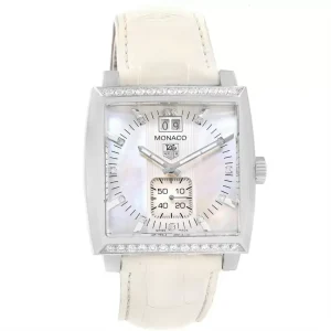 Tag Heuer Monaco MOP Diamond Dial White Strap Ladies Replica Watches WAW1313