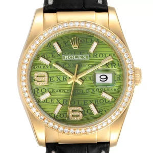 Fake Rolex Datejust Yellow Gold Green Wave Dial Diamond Watch 116188