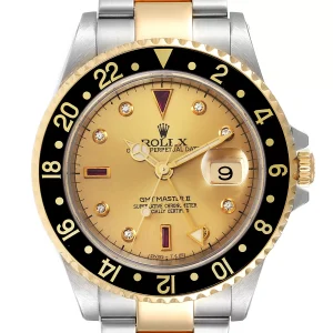 Fake Rolex GMT II Diamond Ruby Serti Dial Steel Yellow Gold Watch 16713