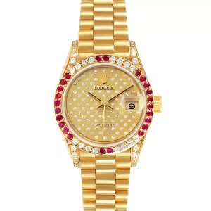 Replica Rolex President 26 Yellow Gold Pave Diamond Ruby Ladies 69038