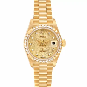 Replica Rolex President 26 Yellow Gold Pyramid Bezel Diamond Ladies 69268