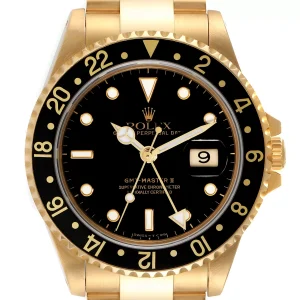 Fake Rolex GMT Master 18K Yellow Gold Black Dial Watch 16718