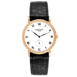 Patek Philippe Calatrava 18k Rose Gold Black Strap Mens Fake 3919