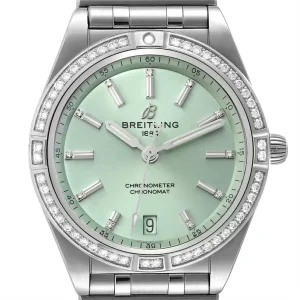 Fake Breitling Chronomat Green Dial Steel Diamond Ladies Replica Watch A10380