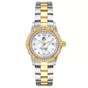 Replica TAG Heuer Aquaracer Steel Yellow Gold MOP Diamond Ladies Watches WAF1450 Card