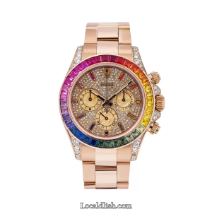 Replica Rolex Daytona Diamond Watch 116505 Rainbow Bezel Rose Gold Diamond Dial With Rose Gold Oyster Bracelet