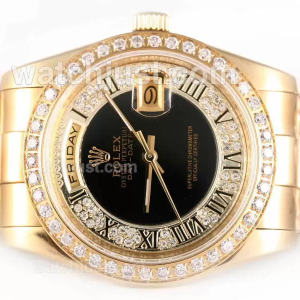 Rolex Day Date Automatic Full Gold Diamond Bezel with Black Dial Roman Marking