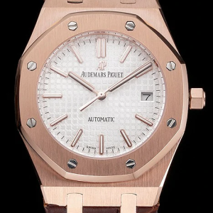 Replica Audemars Piguet Royal Oak White Dial Gold Case Brown Leather Watch BB121569