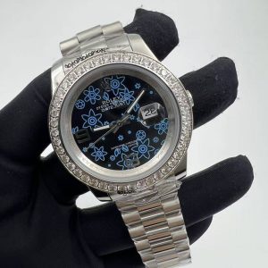 Replica Rolex Datejust Automatic with Black Floral Motif Dial with Diamond Bezel BB22009
